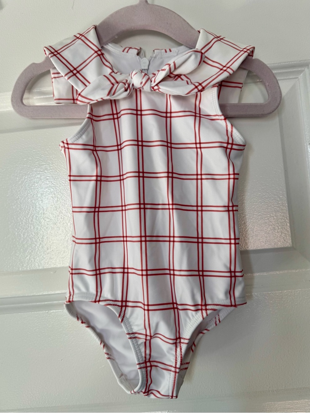 White One-Piece Swimsuit with Red Windowpane Pattern and Bow Collar